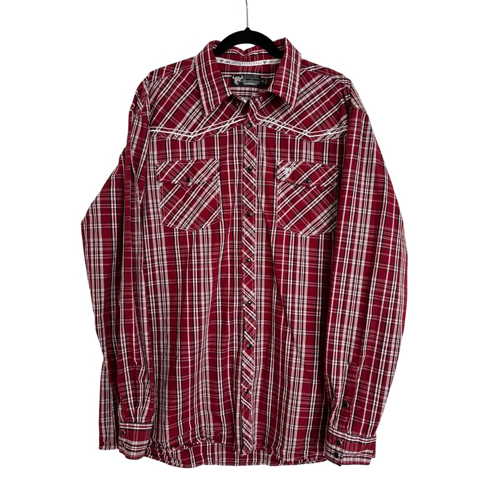 Cowboy Hardware Mens XL Red Plaid Western Long Sleeve Snap Shirt Steer Logo